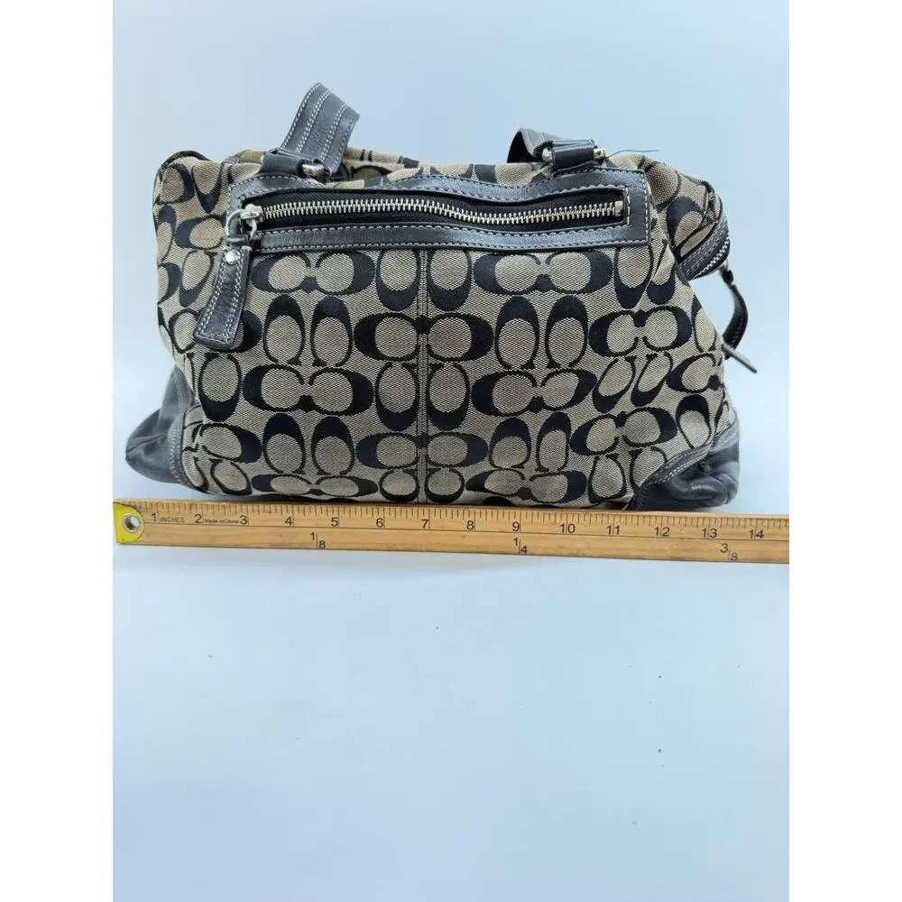 Coach Signature C Canvas Satchel Shoulder Handbag Khaki Black Leather Trim